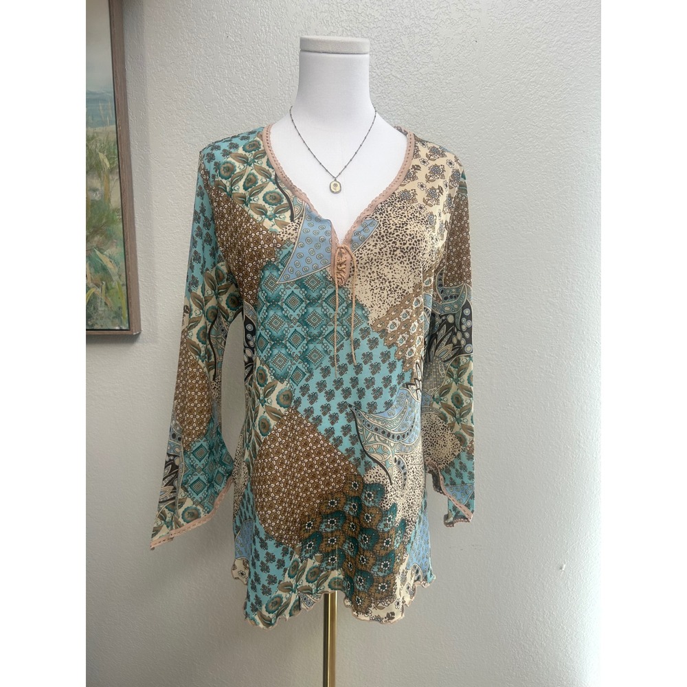 Y2K Boho Patchwork Mesh Top Fairy Grunge Hippie Bell Sleeve